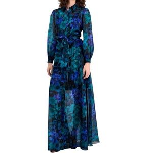 NWT JULIA JORDAN Floral Sheer Long Sleeve Tie Waist Maxi Shirt Dress Size 12